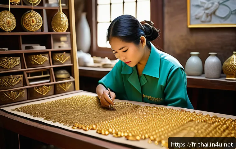 태국의 전통 장신구 제작 - A traditional Thai jewelry artisan workshop scene, showcasing a master craftsman meticulously creati...