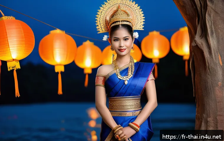 태국의 축제 의상 - A traditional Thai costume from the northeast region (Isan) featuring vibrant indigo-dyed silk fabri...