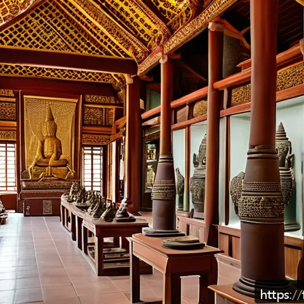 태국의 국립 박물관 - A richly detailed traditional Thai museum gallery showcasing ancient artifacts such as pottery, weap...