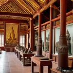 태국의 국립 박물관 - A richly detailed traditional Thai museum gallery showcasing ancient artifacts such as pottery, weap...