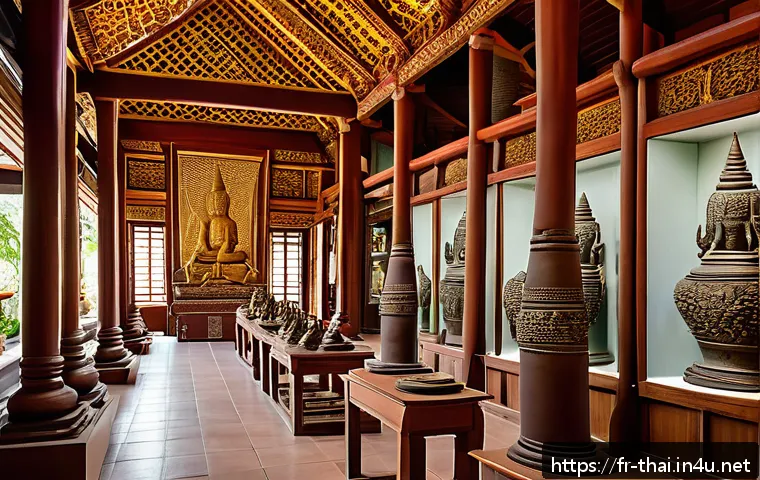 태국의 국립 박물관 - A richly detailed traditional Thai museum gallery showcasing ancient artifacts such as pottery, weap...