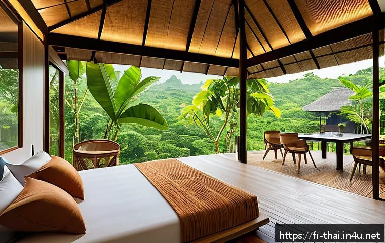 태국의 리조트 개발 계획 - A luxurious eco-resort in Thailand showcasing sustainable architecture made from local recycled mate...
