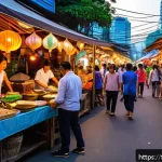 태국의 관광 홍보 전략 - A vibrant street market scene in Bangkok at dusk, bustling with diverse people exploring colorful fo...