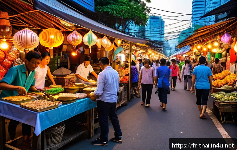 태국의 관광 홍보 전략 - A vibrant street market scene in Bangkok at dusk, bustling with diverse people exploring colorful fo...