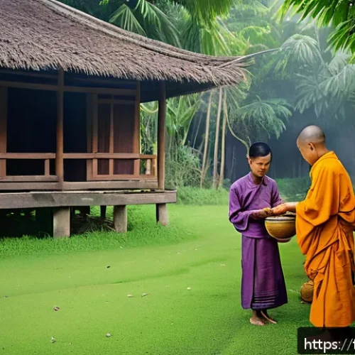 태국의 새로운 여행 트렌드 - A serene traditional Thai village scene during a local Buddhist ceremony at dawn, featuring villager...