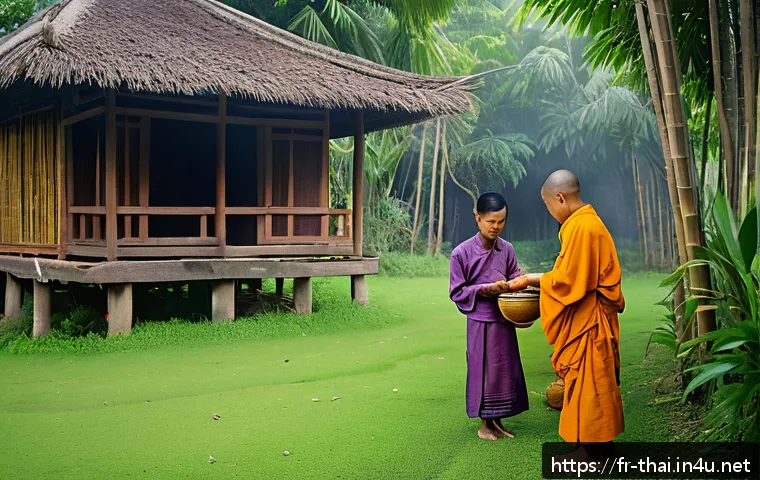 태국의 새로운 여행 트렌드 - A serene traditional Thai village scene during a local Buddhist ceremony at dawn, featuring villager...
