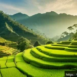 태국 주요 도시와 특징 - A breathtaking panoramic view of lush green rice terraces carved into the mountainside at sunrise in...