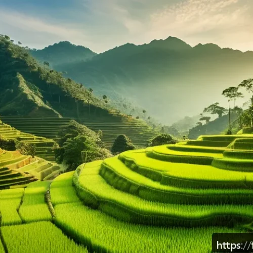 태국 주요 도시와 특징 - A breathtaking panoramic view of lush green rice terraces carved into the mountainside at sunrise in...