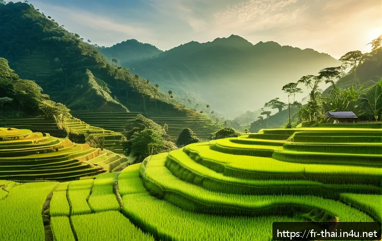 태국 주요 도시와 특징 - A breathtaking panoramic view of lush green rice terraces carved into the mountainside at sunrise in...