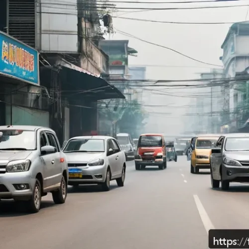 태국의 환경 문제 - A bustling urban street scene in Bangkok under a heavy smog haze, showing diverse pedestrians includ...