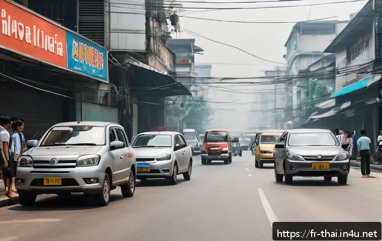 태국의 환경 문제 - A bustling urban street scene in Bangkok under a heavy smog haze, showing diverse pedestrians includ...
