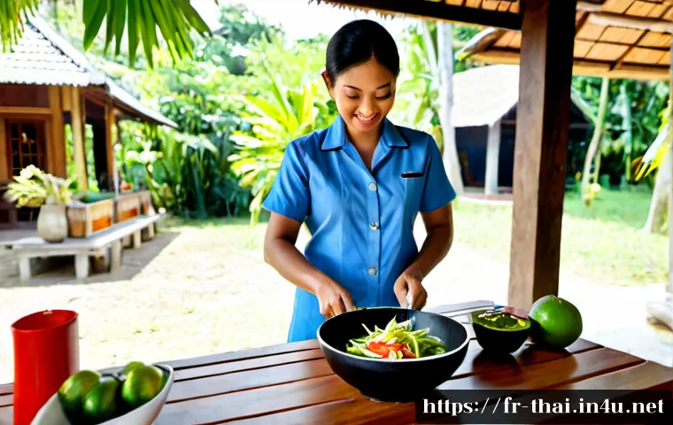 Home 17 태국의 전통 요리 체험 - Photorealistic Thai traditional cooking experience in a sunlit open-air kitchen, French-speaking tra...
