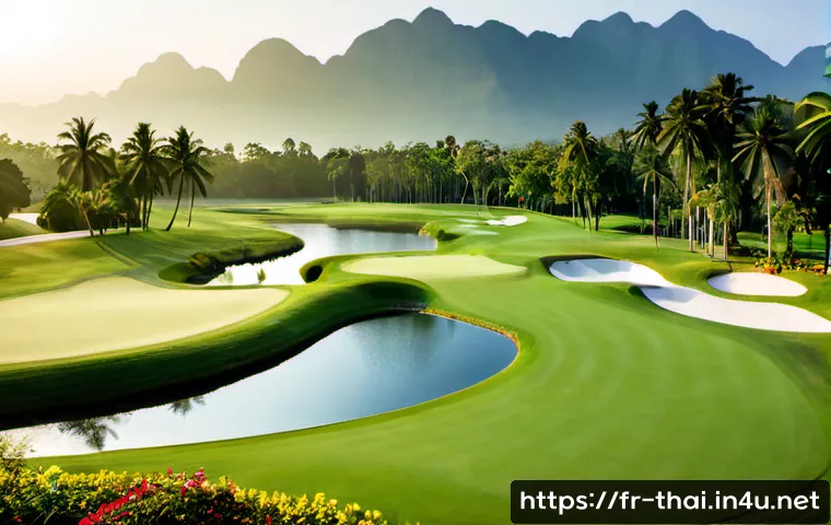 태국의 유명 골프장 - Photorealistic panoramic view of an acclaimed Thai championship golf course at sunrise, emerald fair...