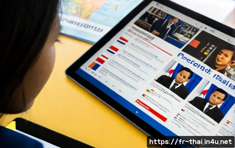 Home 17 태국 언론 자유 현황 - Photorealistic editorial scene in a Paris newsroom, French journalist reviewing a tablet with blurre...