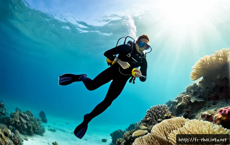 Home 17 태국에서 다이빙 배우기 - Photorealistic wide-angle underwater scene of an adult beginner scuba diver practicing buoyancy abov...