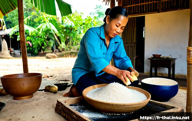 태국의 전통 술 제조법 - Photorealistic documentary-style scene of traditional Thai rice spirit preparation, a skilled adult ...