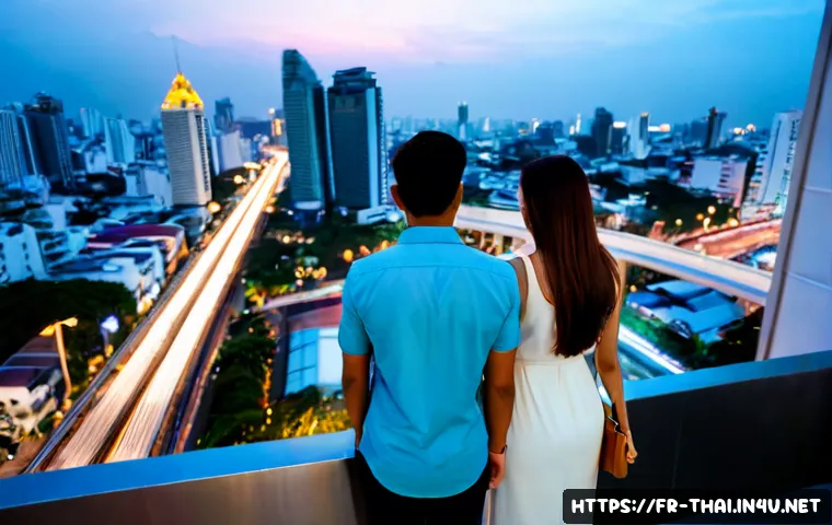 태국에서의 현대 도시 경험 - Photorealistic modern Bangkok city experience at blue hour, elegant elevated viewpoint over sleek sk...