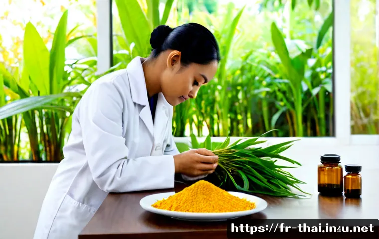 태국의 전통 의약 연구 - Photorealistic traditional Thai medicine research scene in a bright university botanical laboratory,...