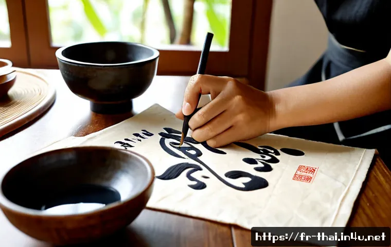 태국의 전통 서예 - Photorealistic close-up of a Thai traditional calligrapher’s hands creating elegant flowing black in...