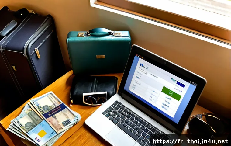 Home 17 태국 비행기 티켓 예매 - Photorealistic travel booking scene for a French traveler planning a flight to Thailand, elegant Par...